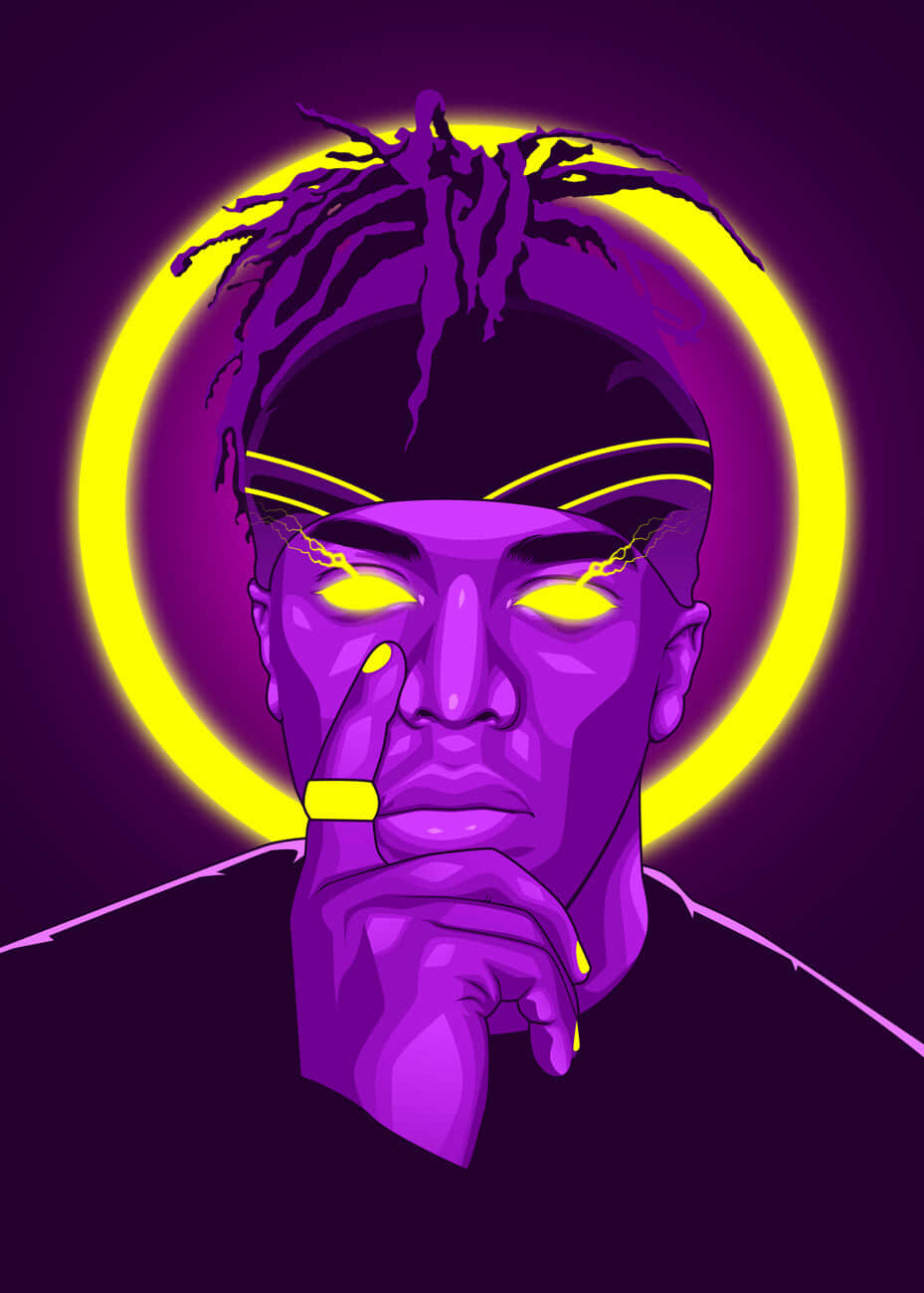紫色插圖肖像，帶有發光黃色眼睛和霓虹光環。