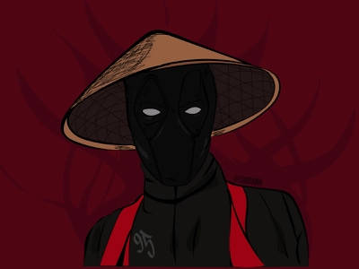 死侍戴著圓錐形帽子，紅色點綴，背景為深紅色。