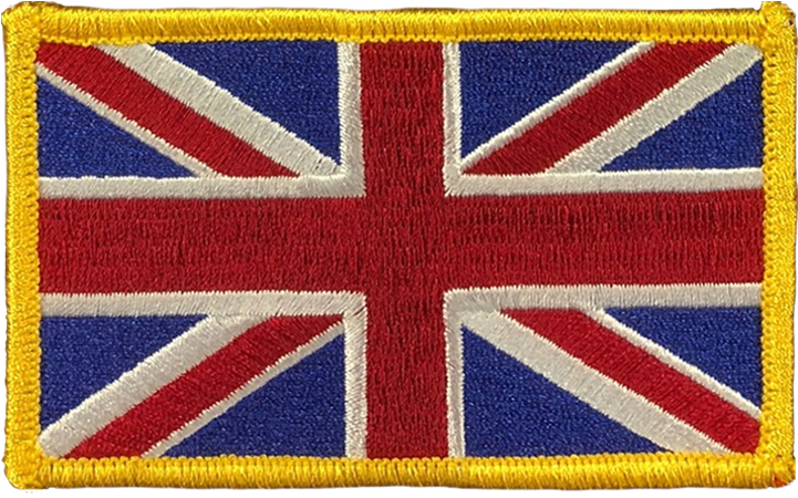 英國國旗刺繡徽章 壁紙 — 近距離拍攝帶有黃色邊框的紋理刺繡英國國旗徽章。