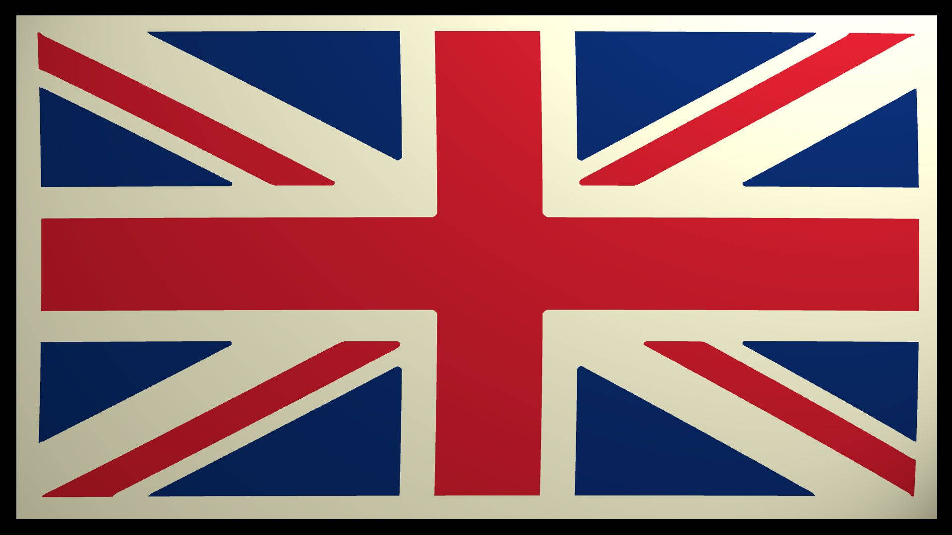 英國國旗的視角照片 壁紙 — 一面大膽的英國國旗，在奶油色背景上有紅、白、藍條紋，並以黑色邊框框住。