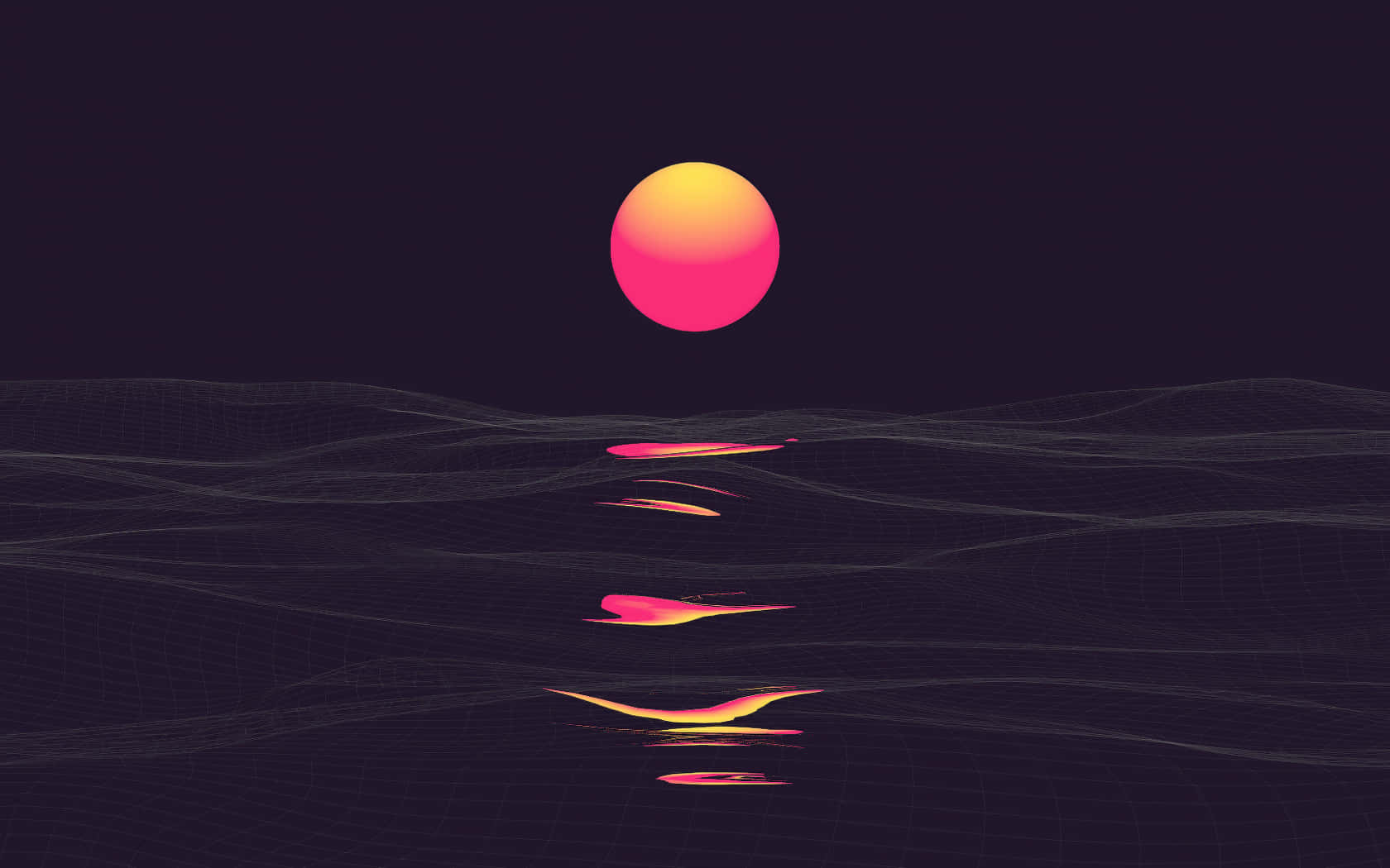一顆發光的太陽在夜晚反射在黑暗的網格景觀上。