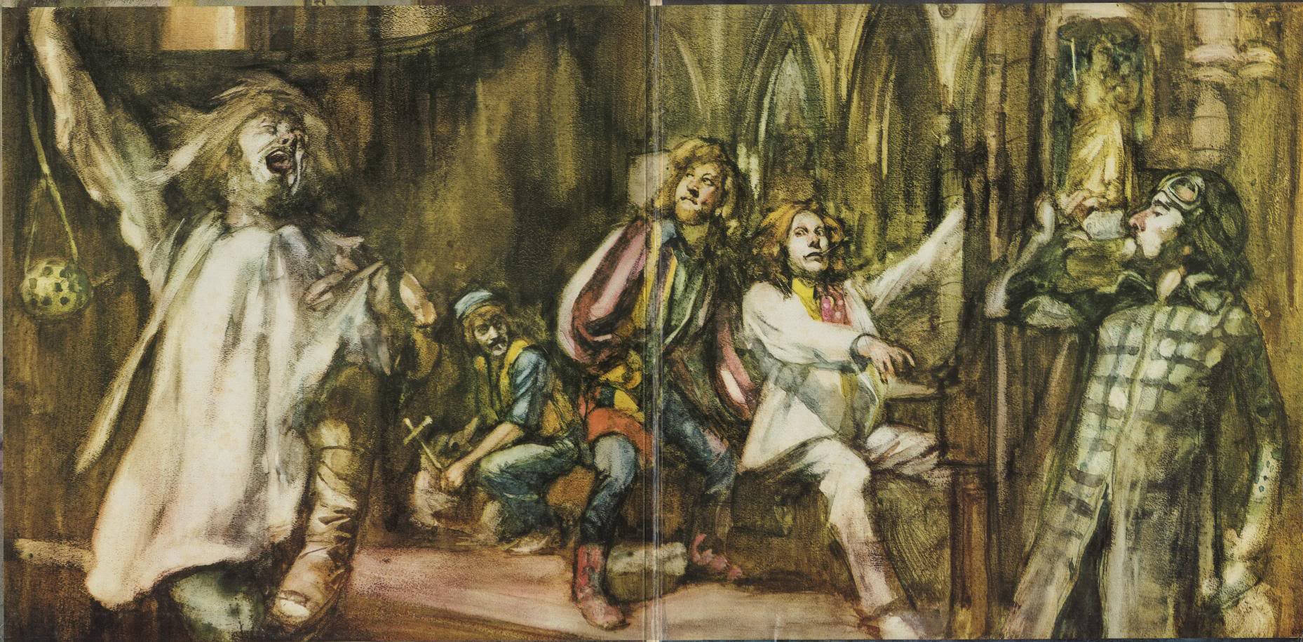 英國搖滾樂隊 Jethro Tull《Aqualung》專輯封面 壁紙 — 一幅戲劇性的油畫描繪了五個人物在昏暗的哥德式室內，其中一個在尖叫，而其他人則以震驚或恐懼作出反應。