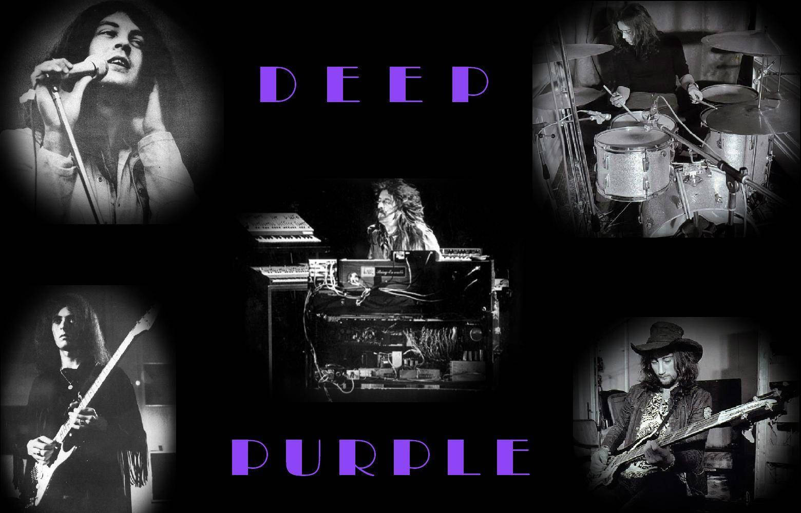英國搖滾樂隊深紫黑白插畫 壁紙 — Deep Purple 樂隊成員表演的黑白拼貼畫，帶有紫色文字疊加。
