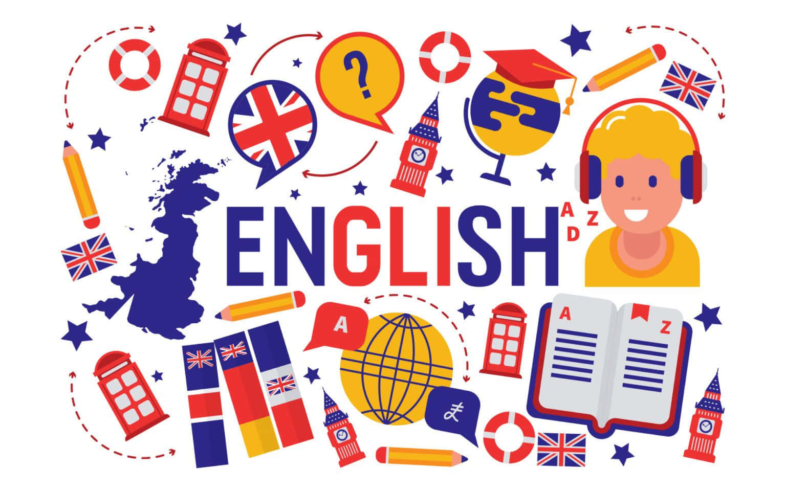 英國文化主題英語數位藝術畫 壁紙 — 充滿活力的平面插圖，展示英語學習，包含大笨鐘、英國國旗和戴耳機的學生等圖標。