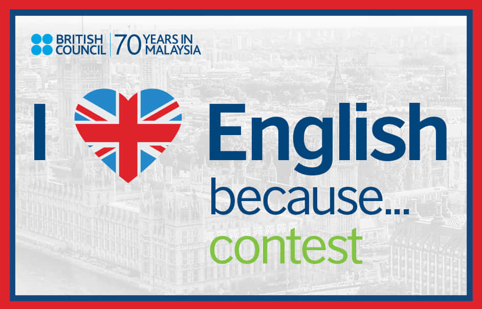 英國文化協會「我愛英語」比賽宣傳海報圖 壁紙 — 英國文化協會英語比賽的宣傳圖，在褪色的倫敦天際線上有一個心形的英國國旗。