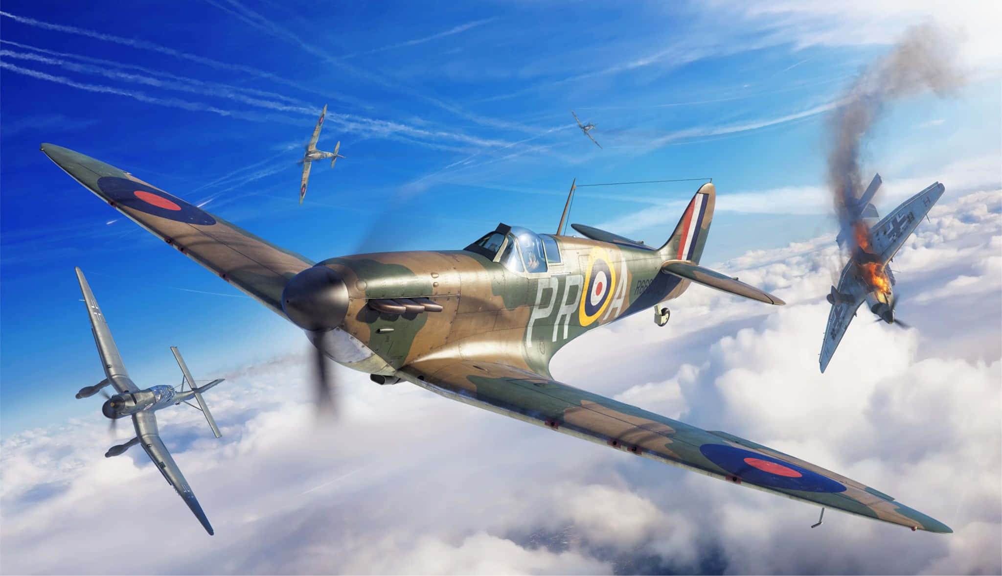 英國皇家空軍的傳奇戰機「噴火式」翱翔雲端 壁紙 — 一隊復古戰鬥機在明亮的藍天下，於蓬鬆的白雲上方進行空中纏鬥，留下凝結尾跡。