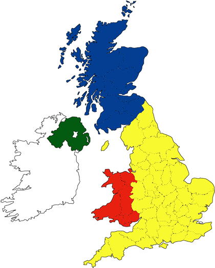英國與愛爾蘭彩色地圖 壁紙 — 一幅風格化的不列顛群島地圖，愛爾蘭為白色，蘇格蘭為藍色，英格蘭為黃色，威爾斯為紅色，背景為黑色。