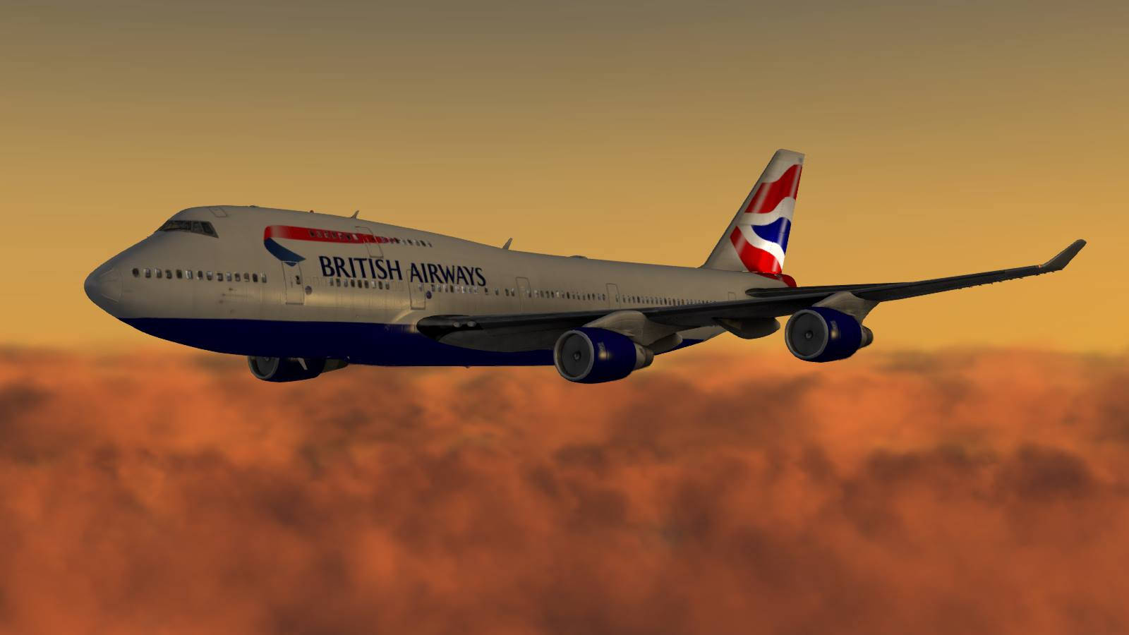 英國航空飛機在日落時飛越橙色雲層。