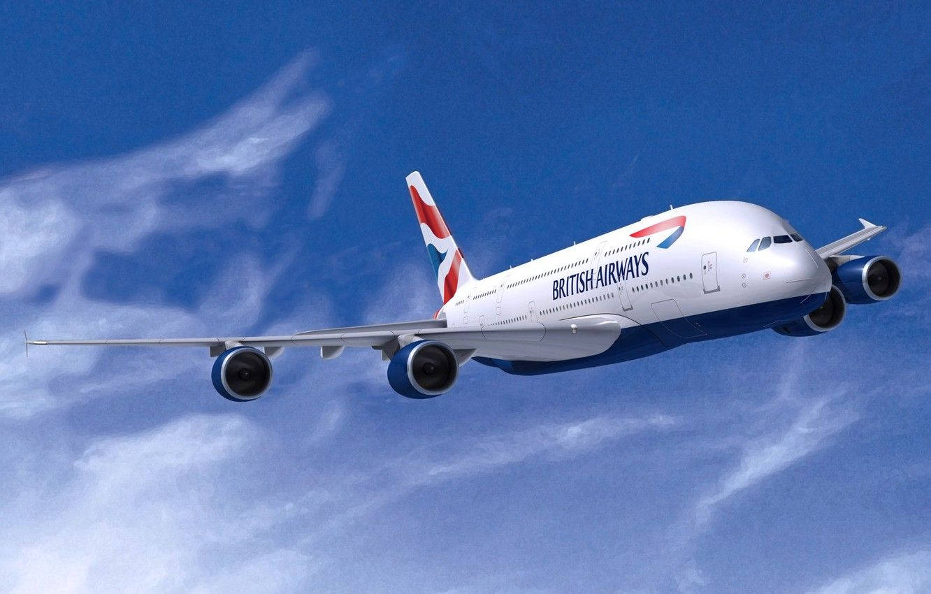 英國航空空中巴士A380在晴朗藍天白雲中飛行