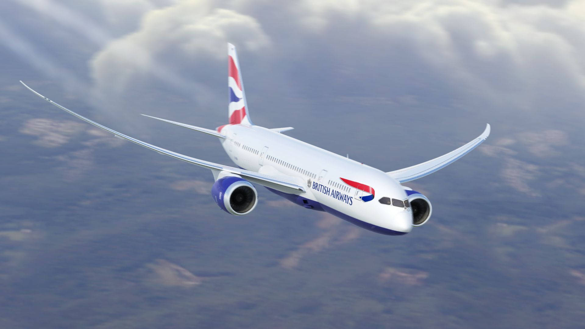 英國航空飛機在雲層上方飛行，下方有陸地