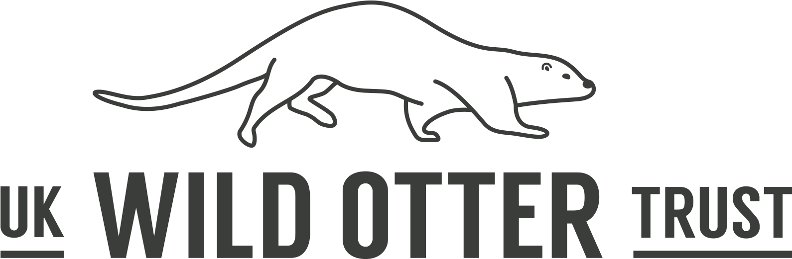 英國野生海狸信託標誌 壁紙 — 黑色背景上，UK WILD OTTER TRUST 文字上方有一隻正在移動的水獺的極簡灰色線條畫。