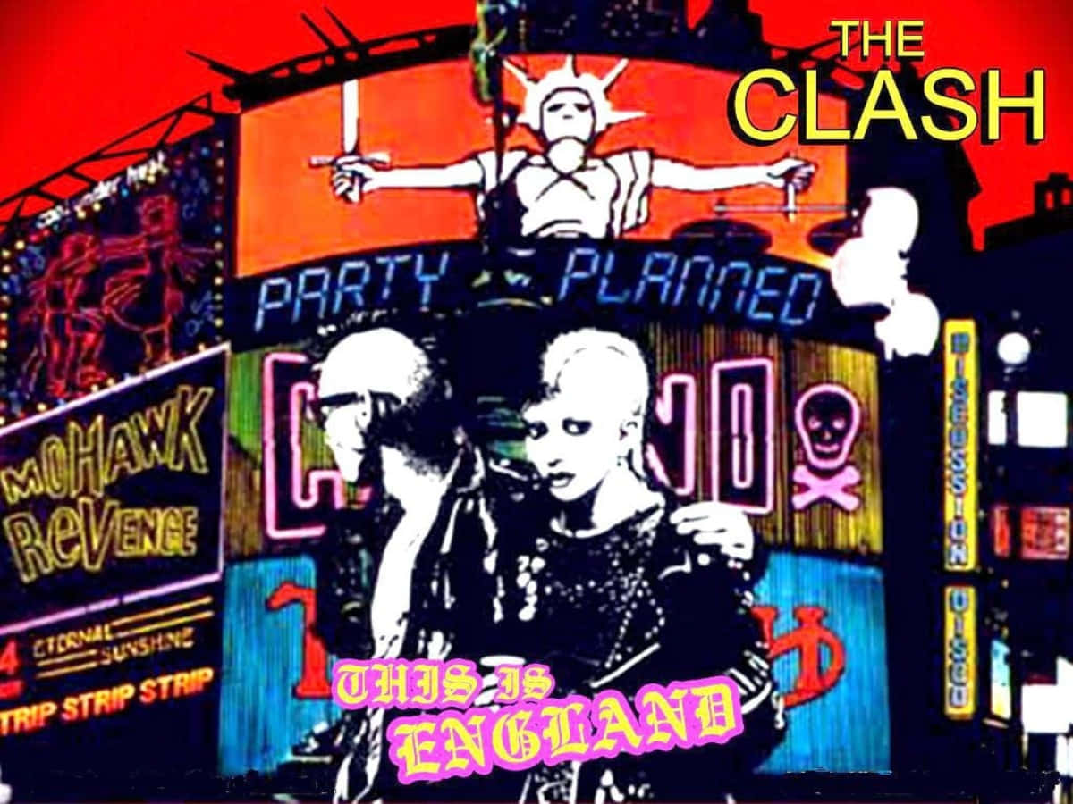 The Clash 龐克搖滾樂隊海報，帶有霓虹燈標誌和一個尖刺頭髮的人物。