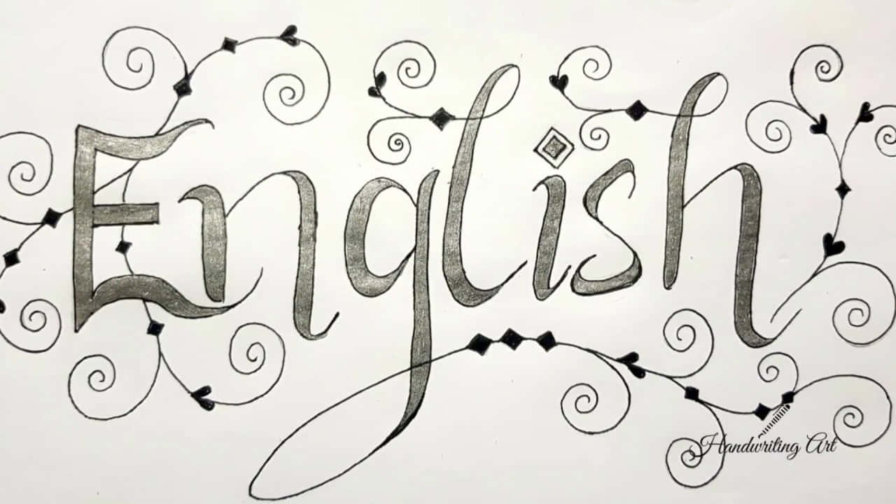 英文字體藝術繪畫圖 壁紙 — 「English」這個詞以優雅的書法書寫，周圍環繞著旋轉的藤蔓和心形裝飾。