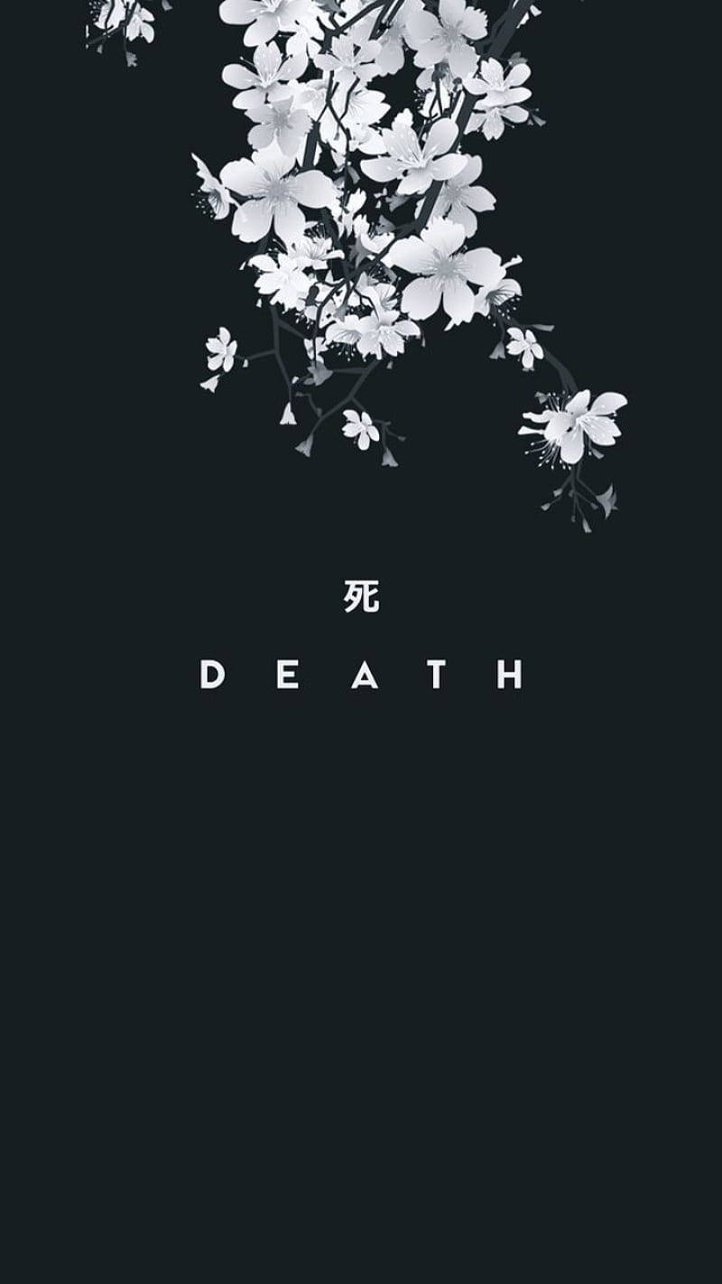白色櫻花飄落在黑色背景上白色文字「死亡」之上。