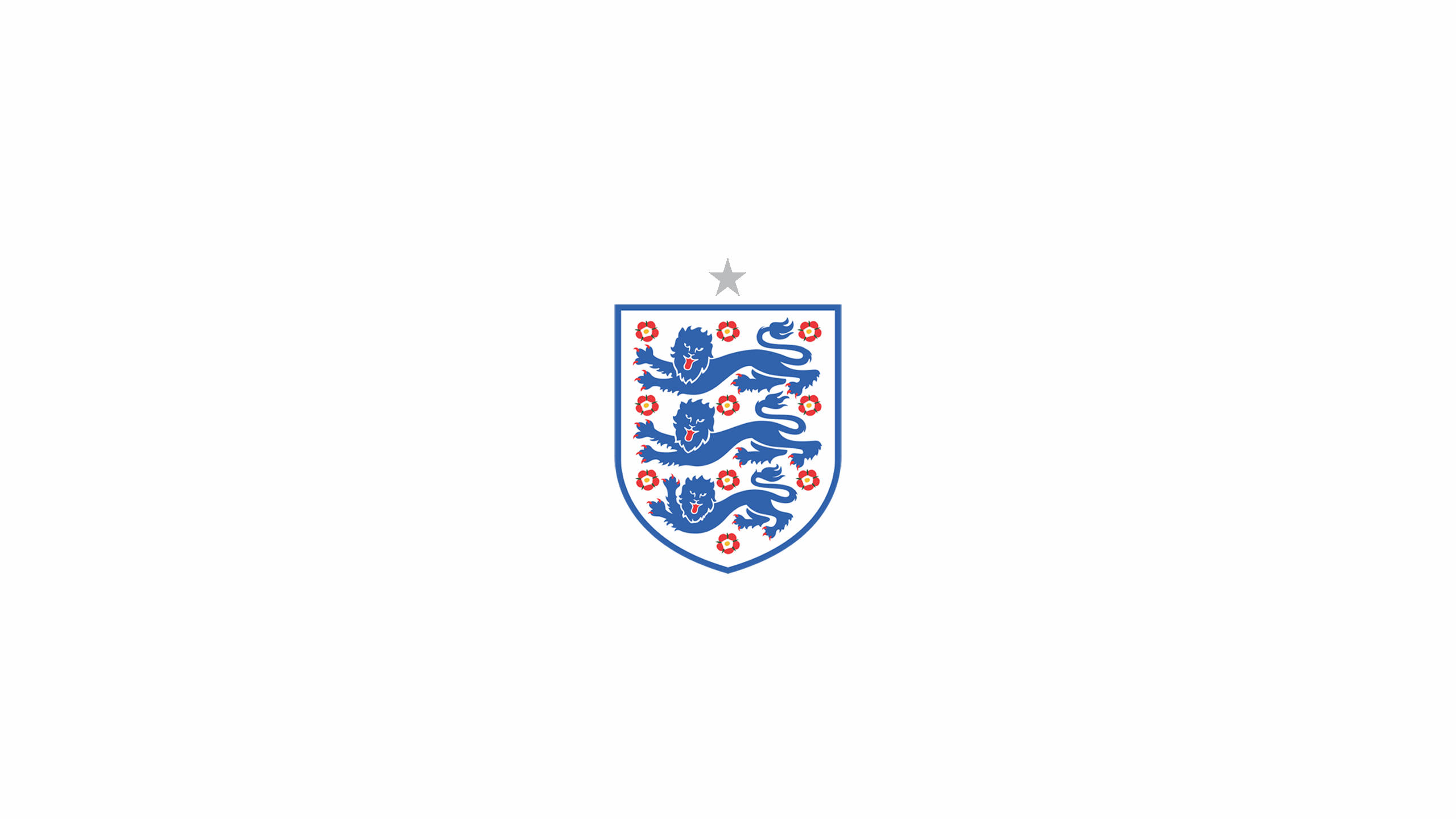 Logo 桌布 壁紙 — 英格蘭國家足球隊徽章，白色盾牌上有三隻藍色獅子和紅玫瑰，頂部有一顆銀星。