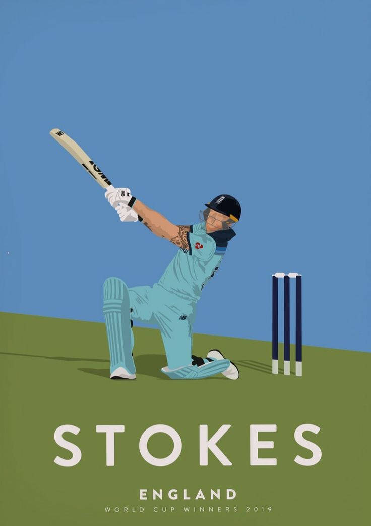 板球運動員 Stokes 身穿英格蘭隊服，手持球棒和門柱在場上比賽。