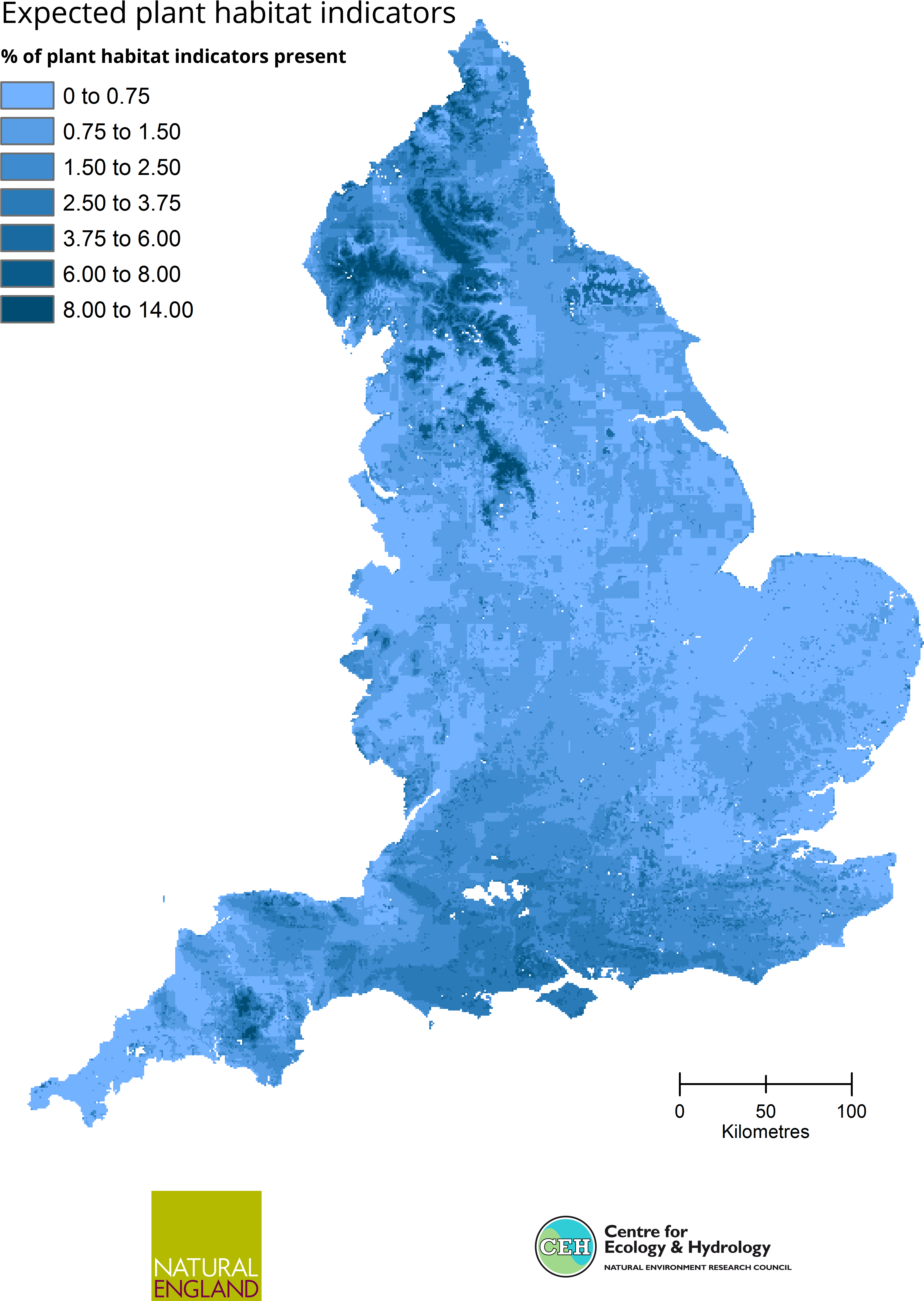 英格蘭植物棲息地指標地圖 壁紙 — 一幅藍色調的英格蘭地圖，以漸變陰影顯示海拔數據，左側有圖例。