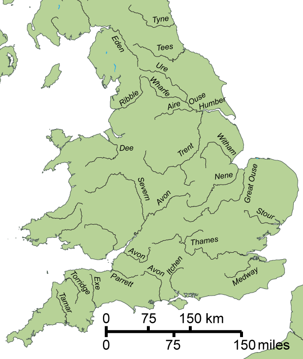 英格蘭河流地圖 壁紙 — 英格蘭的綠色地圖，顯示河流和地名，並附有公里和英里的比例尺。