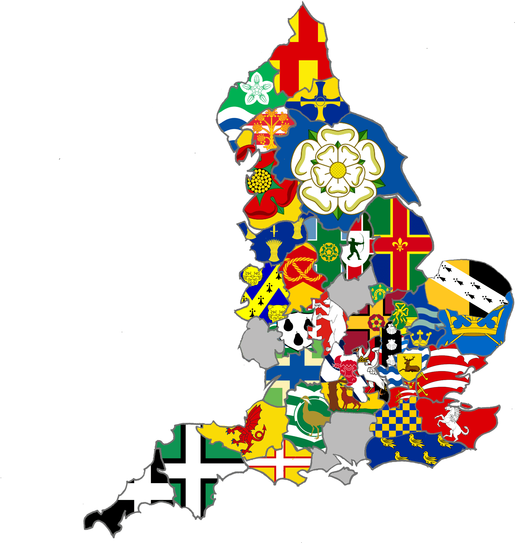 英格蘭紋章地圖 壁紙 — 一幅色彩繽紛的英格蘭地圖，由地區紋章和紋章符號組成，背景為黑色。
