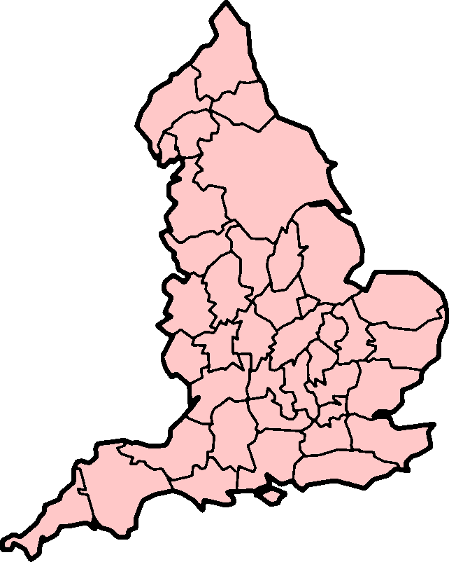 英格蘭行政區劃地圖 壁紙 — 一個粉紅色輪廓的英格蘭地圖，顯示內部郡界，背景為白色。
