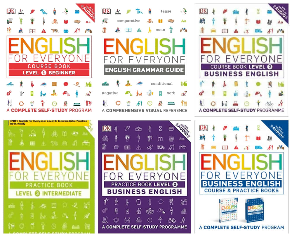 《英語人人適用》系列書籍封面藝術圖 壁紙 — 六本色彩繽紛的English for Everyone書籍封面，展示從初學者到商業英語的學習等級，配有圖標網格和音頻功能。