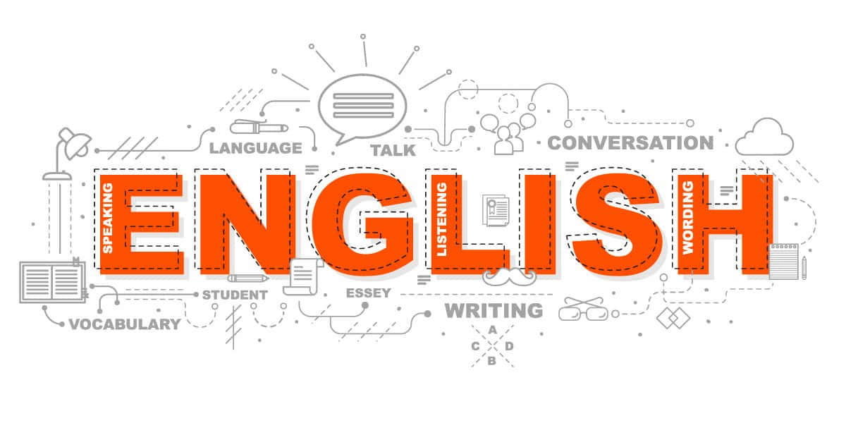 英語單字圖表數位藝術畫 壁紙 — 大膽的橙色 'ENGLISH' 文字，周圍環繞著詞彙、對話和寫作工具的灰色線條圖標。
