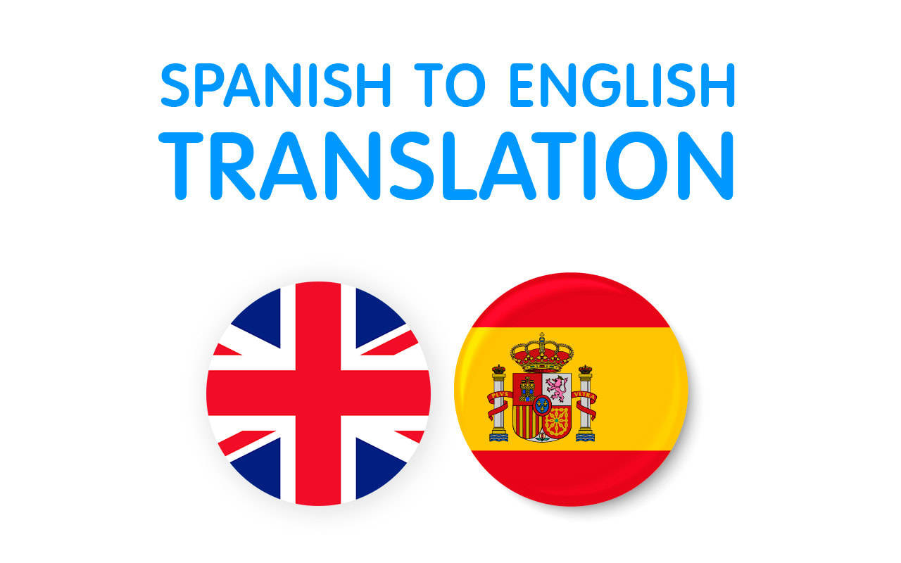 西班牙語到英語的翻譯圖形，帶有英國和西班牙國旗。
