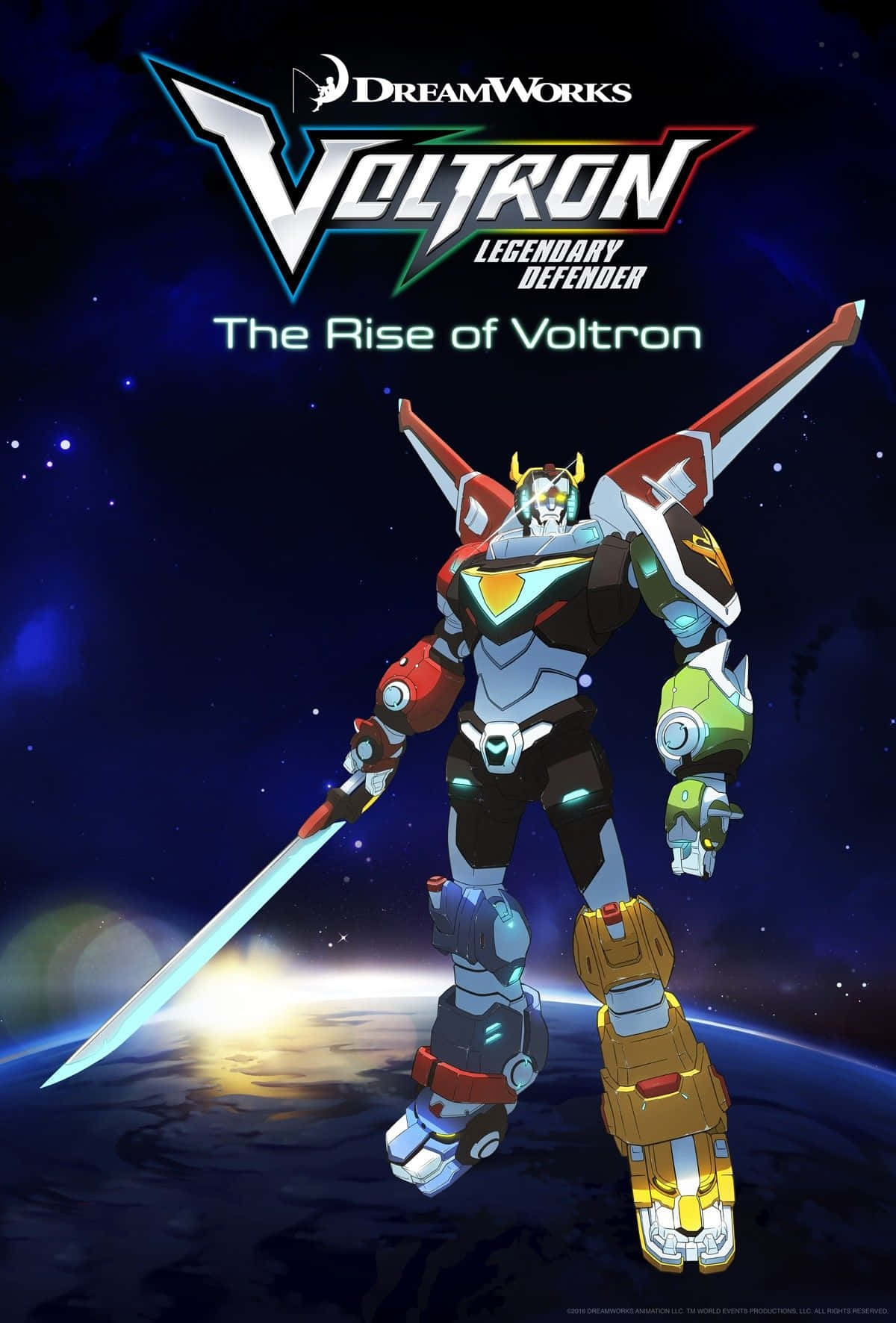 傳奇守護者機械人Voltron在太空中於行星上方持劍。