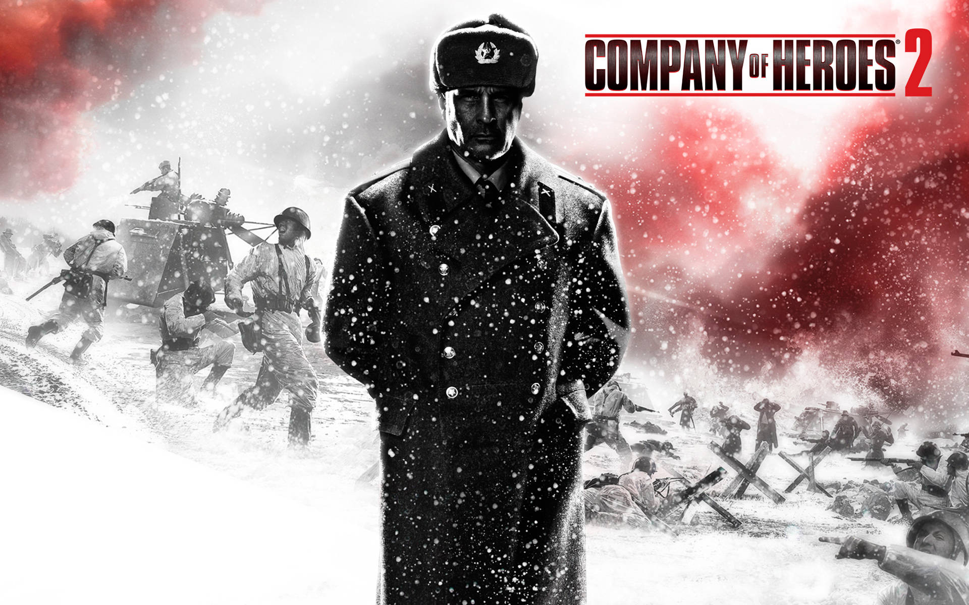 英雄公司蘇聯士兵 壁紙 — 一名嚴肅的士兵穿著冬季外套站在雪地中，身後戰鬥激烈，紅煙和士兵在戰鬥。
