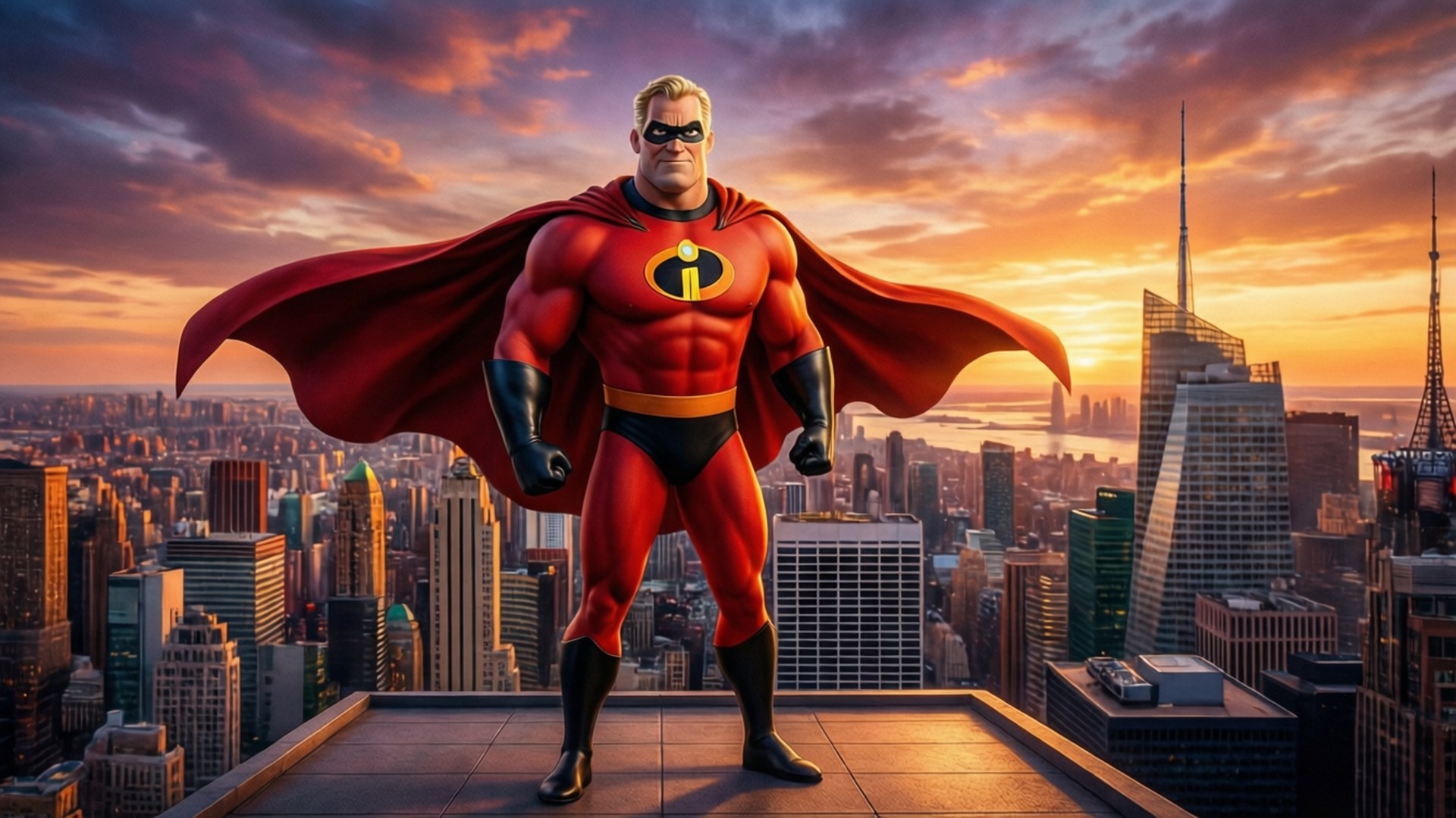 身穿紅色緊身衣和披風的超級英雄站在城市屋頂上，日落時分。