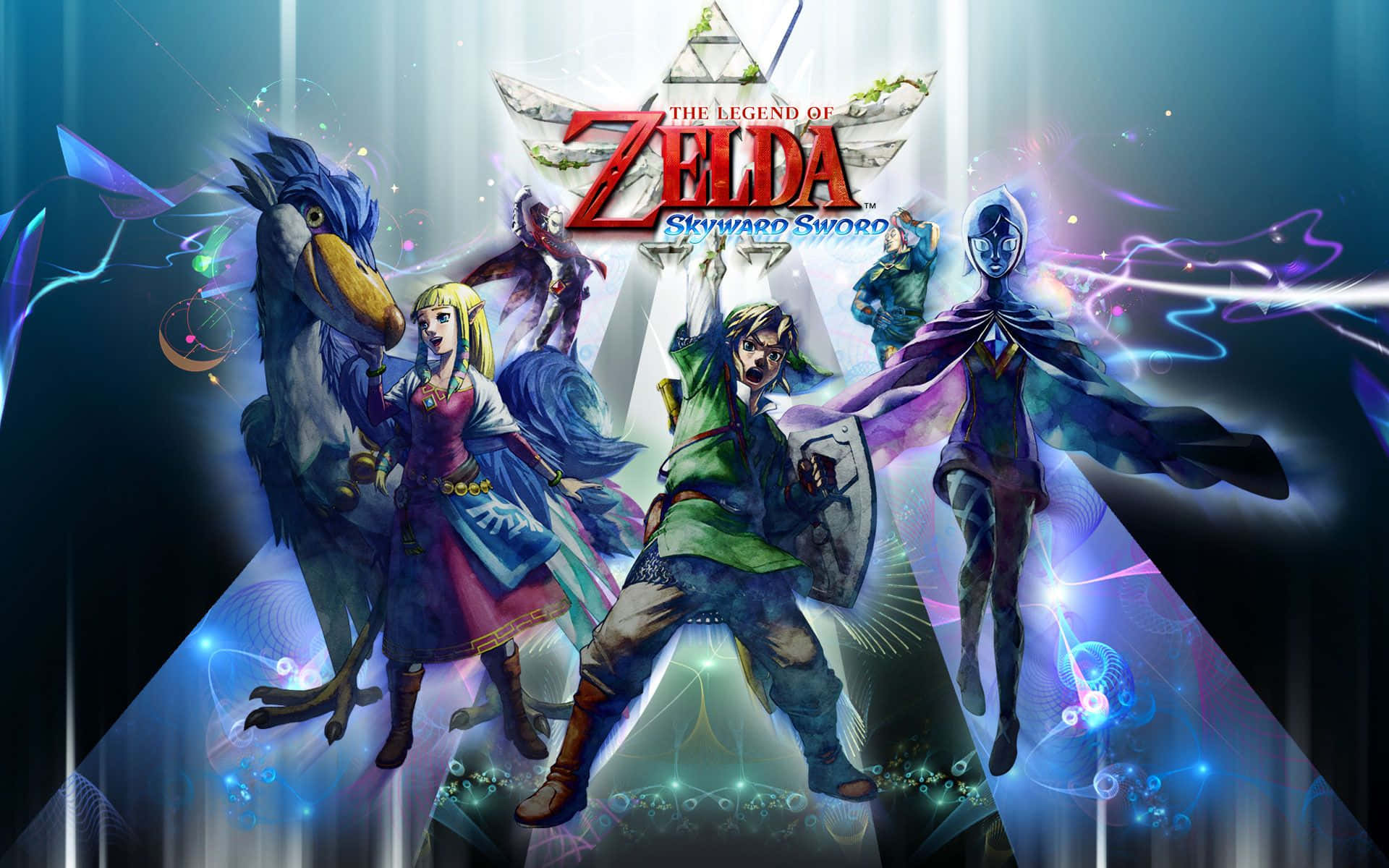 The Legend Of Zelda Skyward Sword 桌布 壁紙 — 英雄林克與盟友在薩爾達傳說 天空之劍的發光藍色神秘場景中英勇站立。