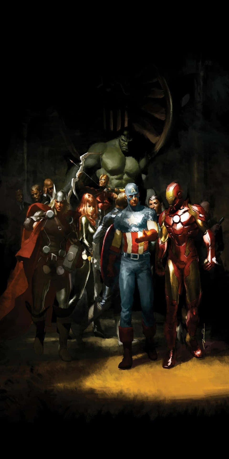 一組Marvel超級英雄在黑暗環境中站在一起。