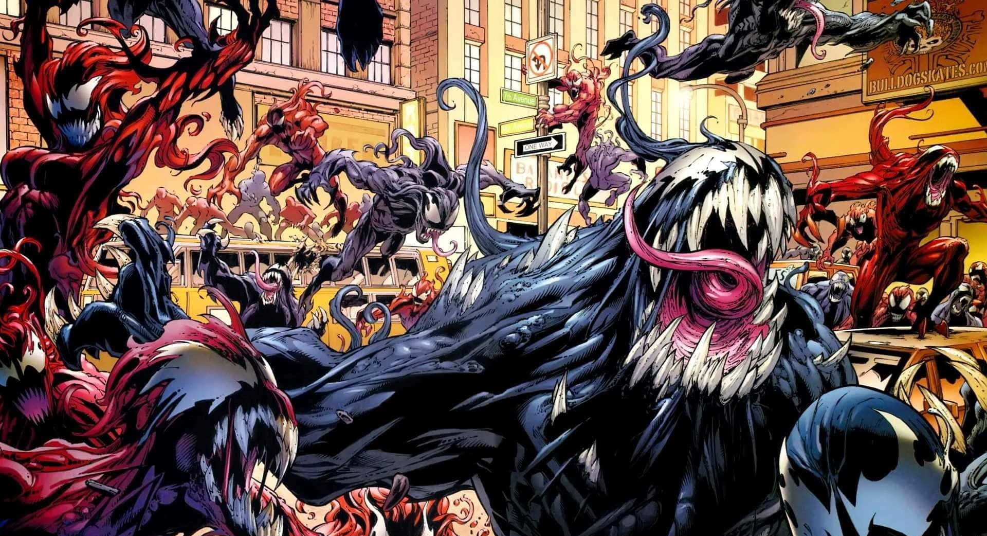英雄聯手，共創傳奇 — Best Marvel 壁紙 — 一個混亂的漫畫場景，Venom 和共生體在城市街道上橫衝直撞，背景有建築物和旁觀者。