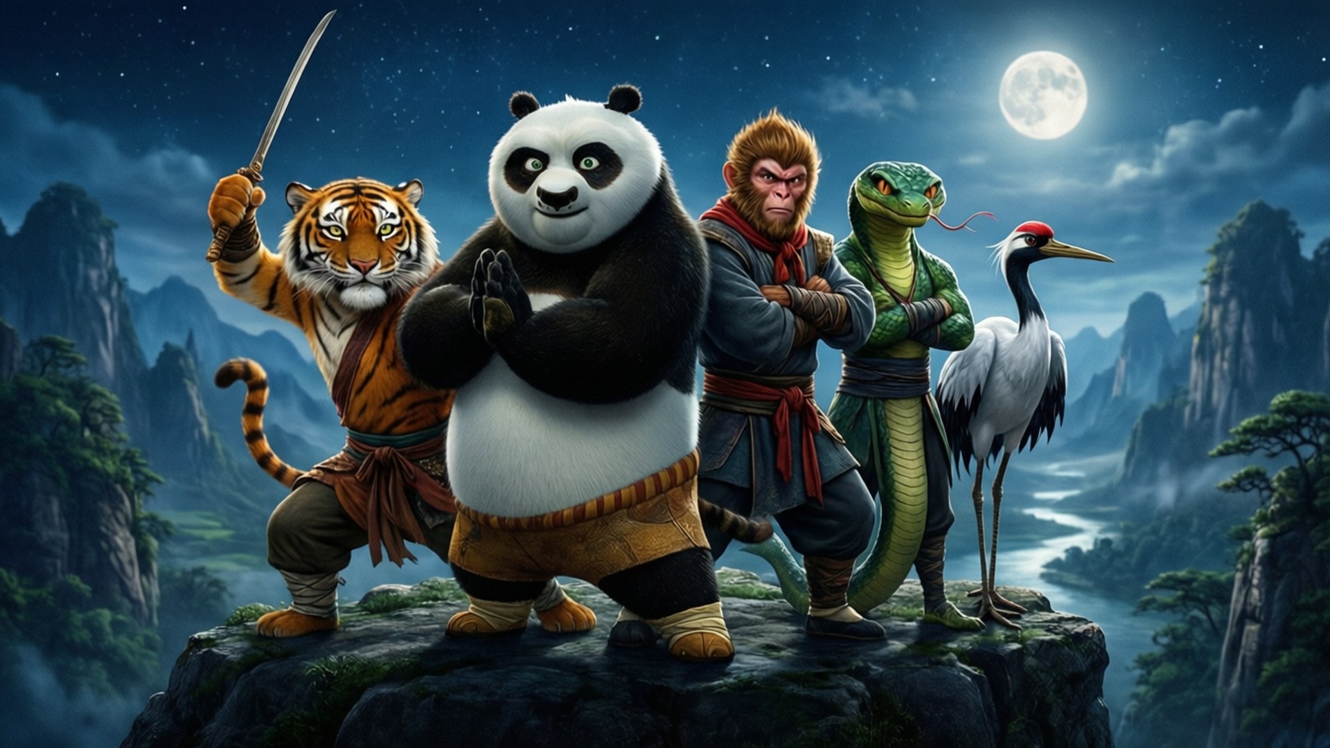 五個武術動物英雄在滿月下於懸崖上擺姿勢。