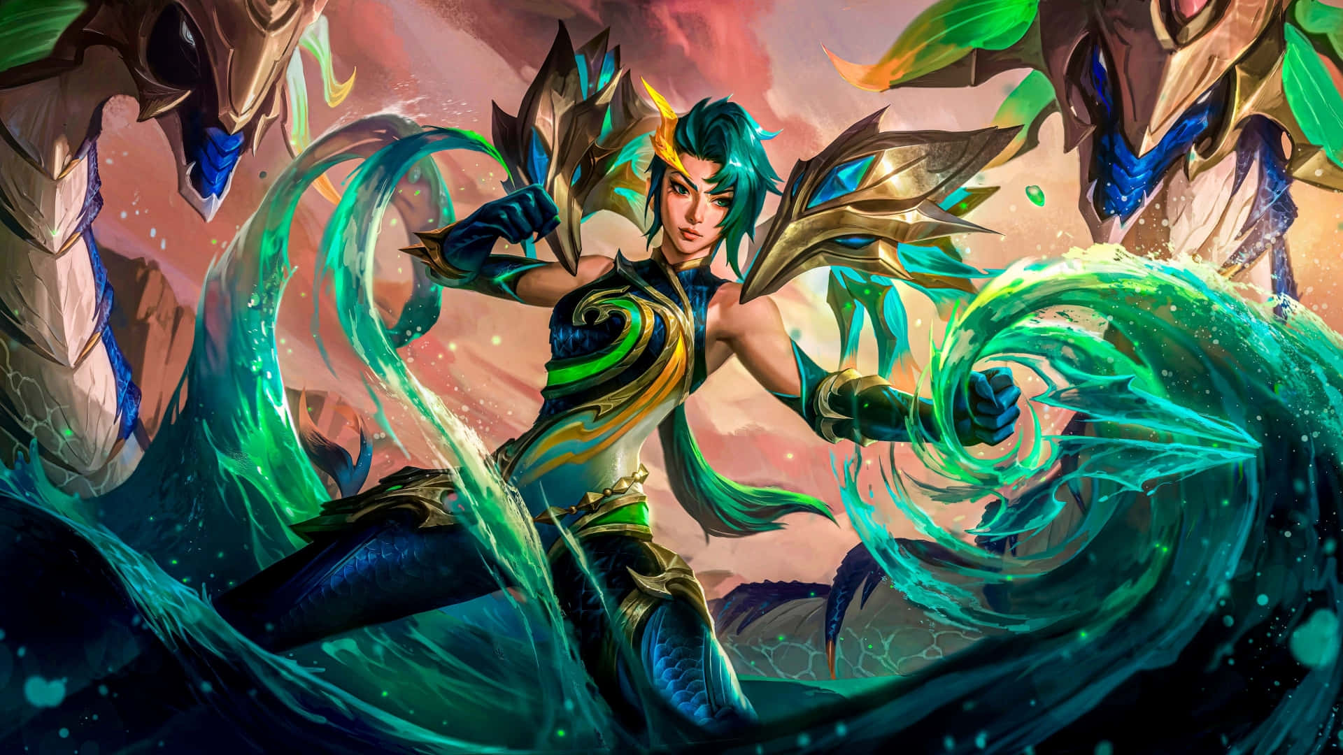 奇幻戰士在動漫風格的戰鬥場景中揮舞魔法綠色能量。