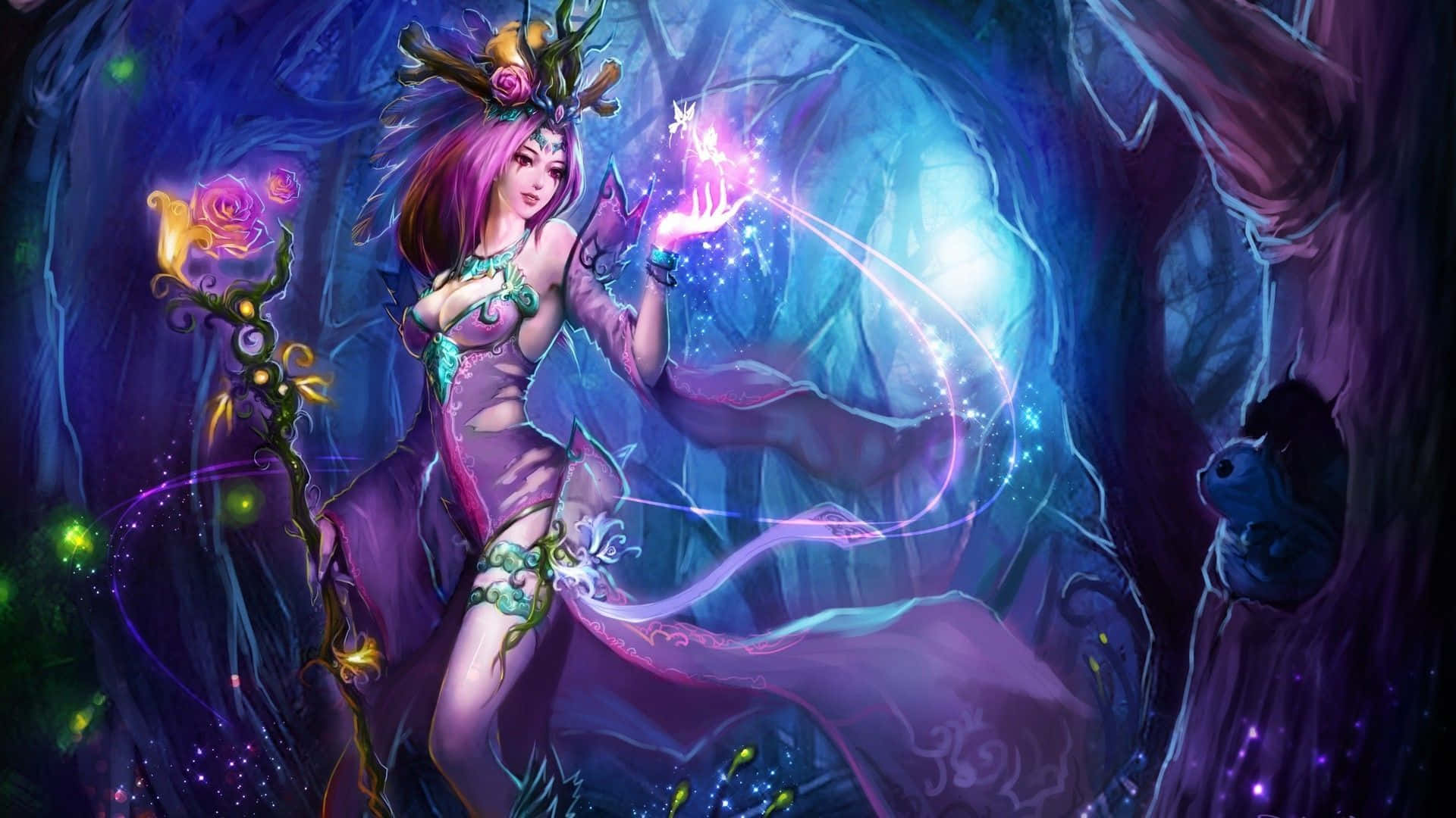 奇幻女巫在帶有霓虹燈的神秘洞穴中施展發光的魔法。