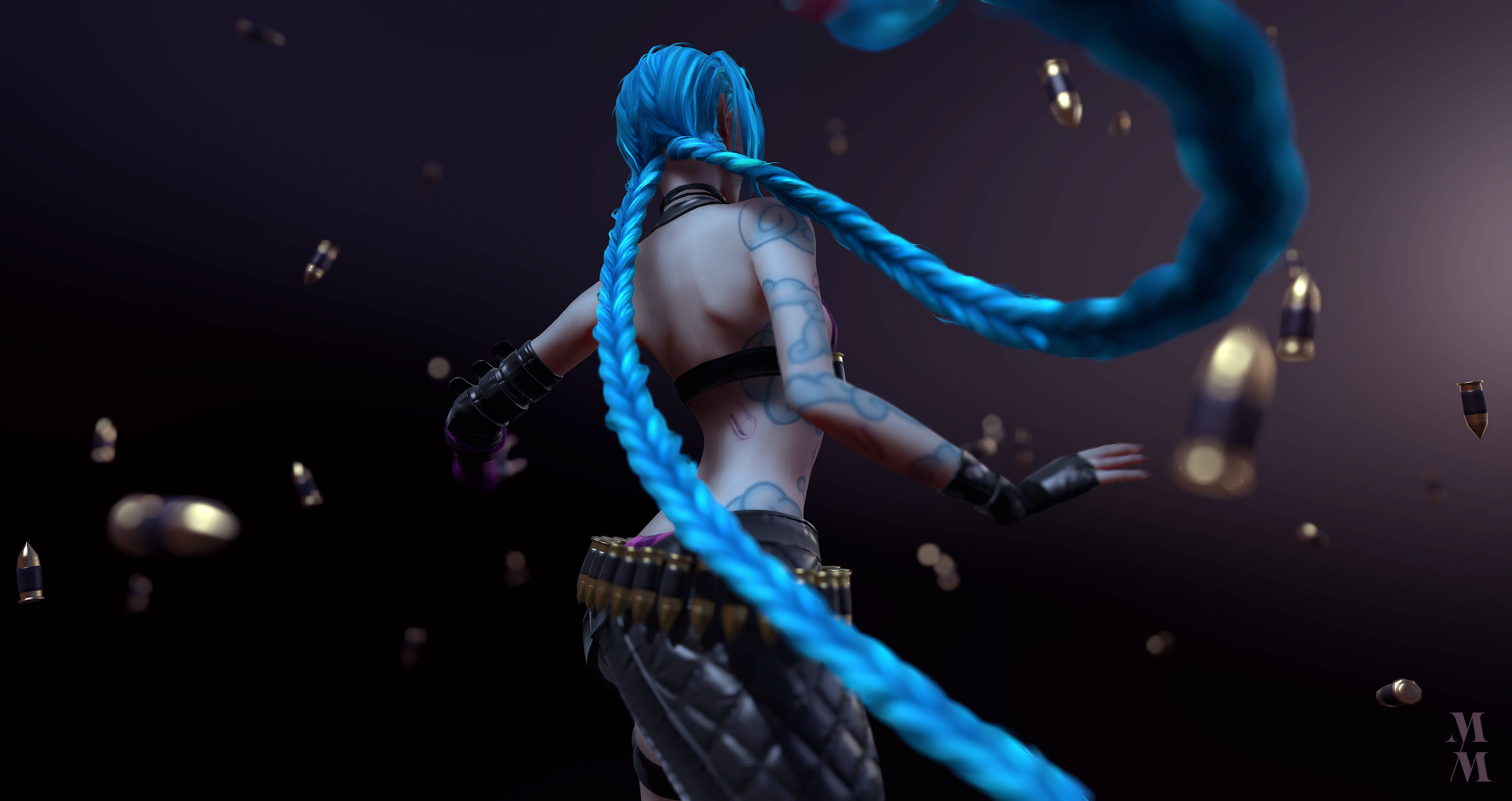 《英雄聯盟》Jinx 酷炫亮相照 壁紙 — 一個藍色頭髮的動漫角色，身上有紋身和子彈帶，在黑暗背景中與漂浮的子彈一起動態旋轉。