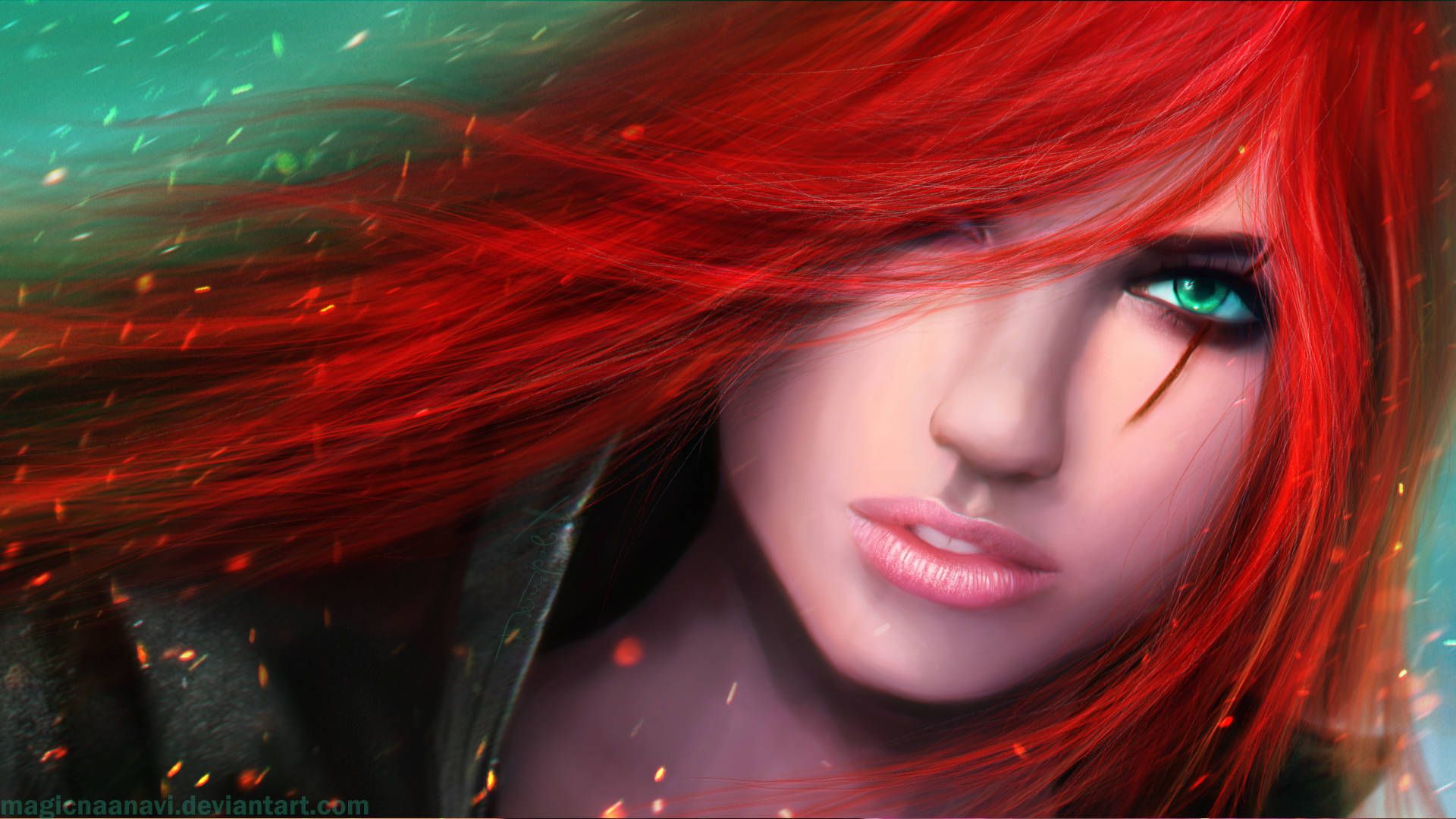 《英雄聯盟》Katarina 酷炫藝術 壁紙 — 一個兇猛嘅動漫女仔，擁有火紅嘅頭髮同發光嘅綠色眼睛，喺火花四濺嘅情況下，專注地凝視着。