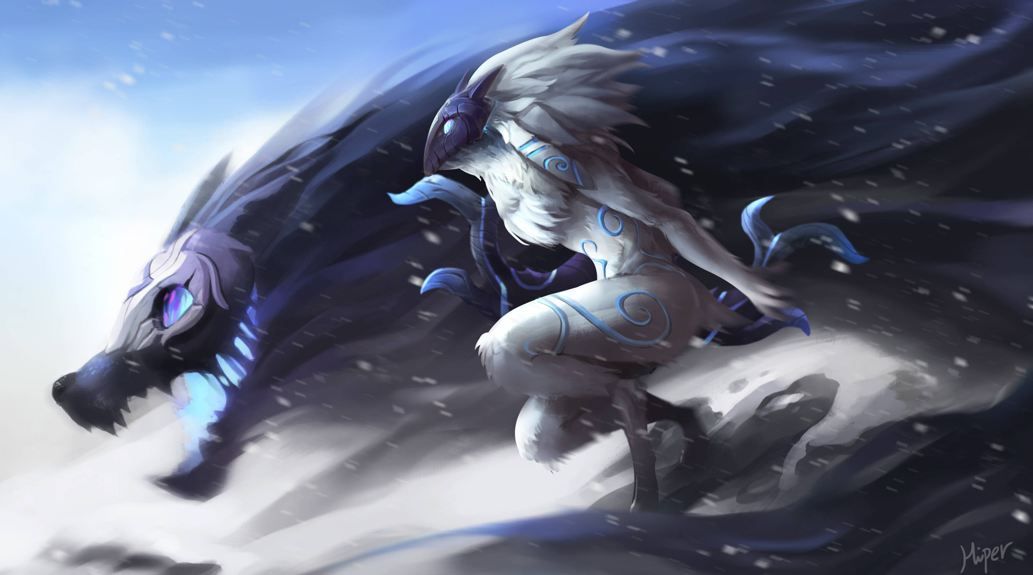 《英雄聯盟》Kindred 狼族酷炫藝術 壁紙 — 一隻帶有藍色漩渦的神秘白狼騎著一隻深藍色的狼穿過雪暴，在明亮的天空下。