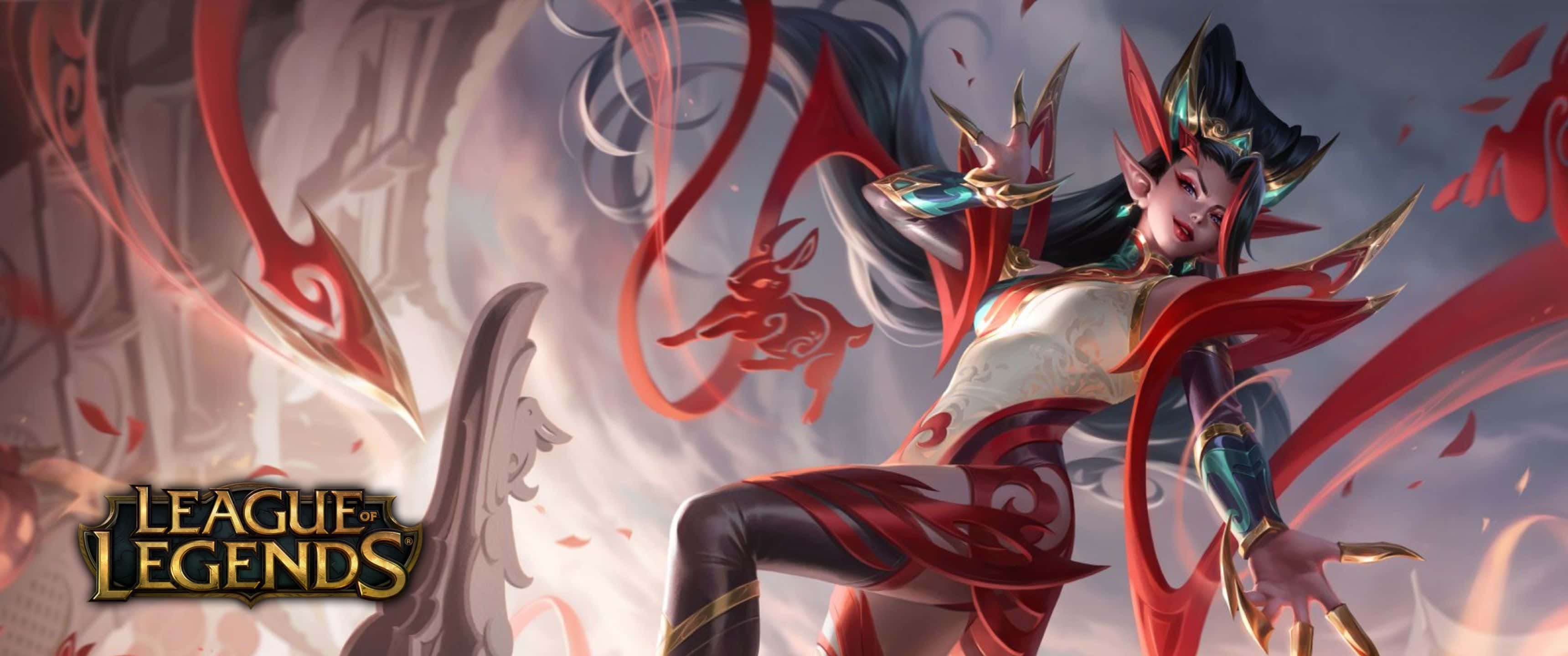 《英雄聯盟》 Mythmaker 皮膚茲菈 3440x1440p 背景 壁紙 — 一位兇猛的《英雄聯盟》英雄，身穿紅黑盔甲，飄逸的絲帶，在神秘的背景下擺出動態姿勢。