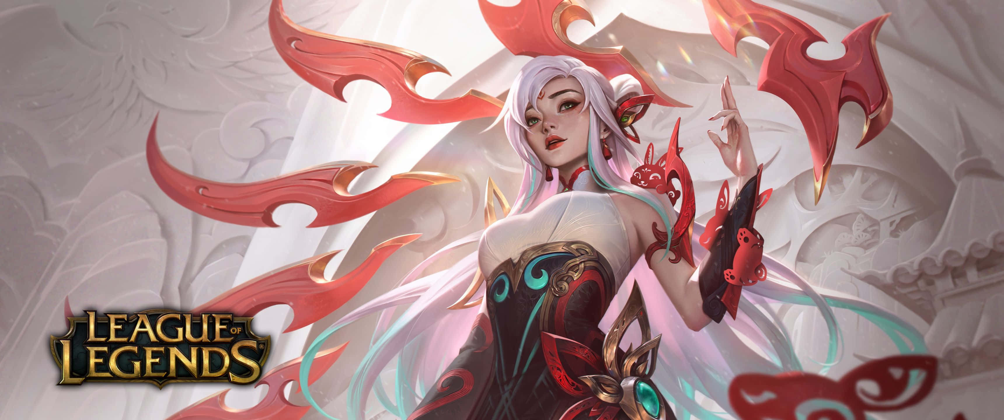 《英雄聯盟》 Mythmaker 皮膚艾瑞莉亞 3440x1440p 背景 壁紙 — 一個擁有白髮和紅色龍紋的奇幻動漫角色，漂浮在華麗的白色建築之間。