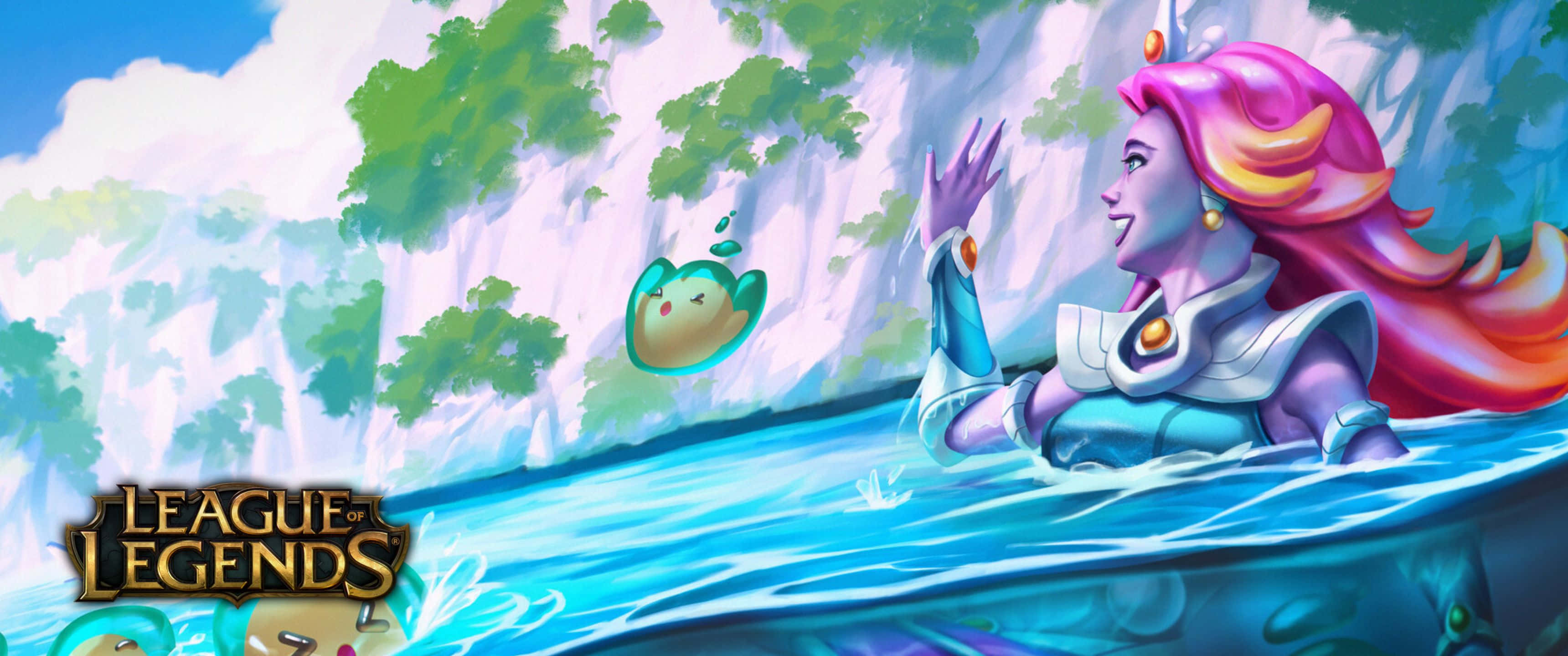 《英雄聯盟》 Space Groove 皮膚娜美 3440x1440p 背景 壁紙 — 一個充滿活力的動漫風格角色，粉紅色頭髮，漂浮在發光的藍色水中，旁邊有瀑布，還有一隻小漂浮生物。