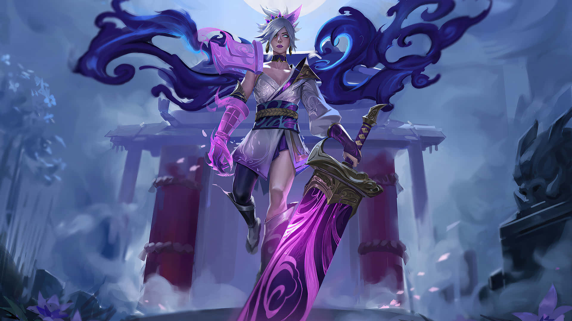 動漫戰士，紫色頭髮，發光劍，站在神秘遺跡中。