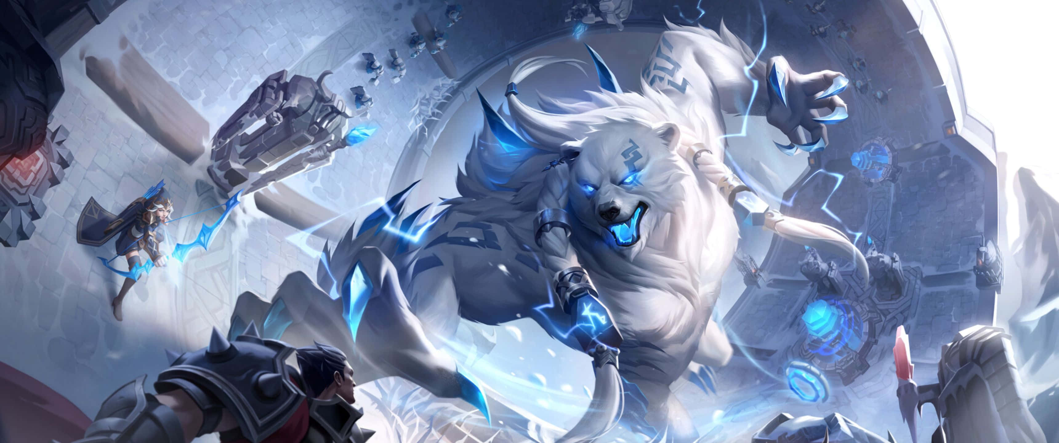 《英雄聯盟》「Volibear」原皮膚 3440x1440p 背景 壁紙 — 一隻雄偉的白狼，擁有發光的藍色眼睛和周圍噼啪作響的能量，被未來派競技場中的裝甲戰士包圍。