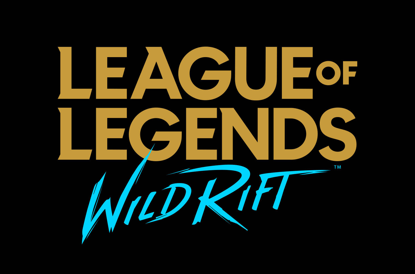 英雄聯盟 Wild Rift 海報 壁紙 — 大膽的金色和青色 League of Legends Wild Rift 標誌居中在純黑色背景上。