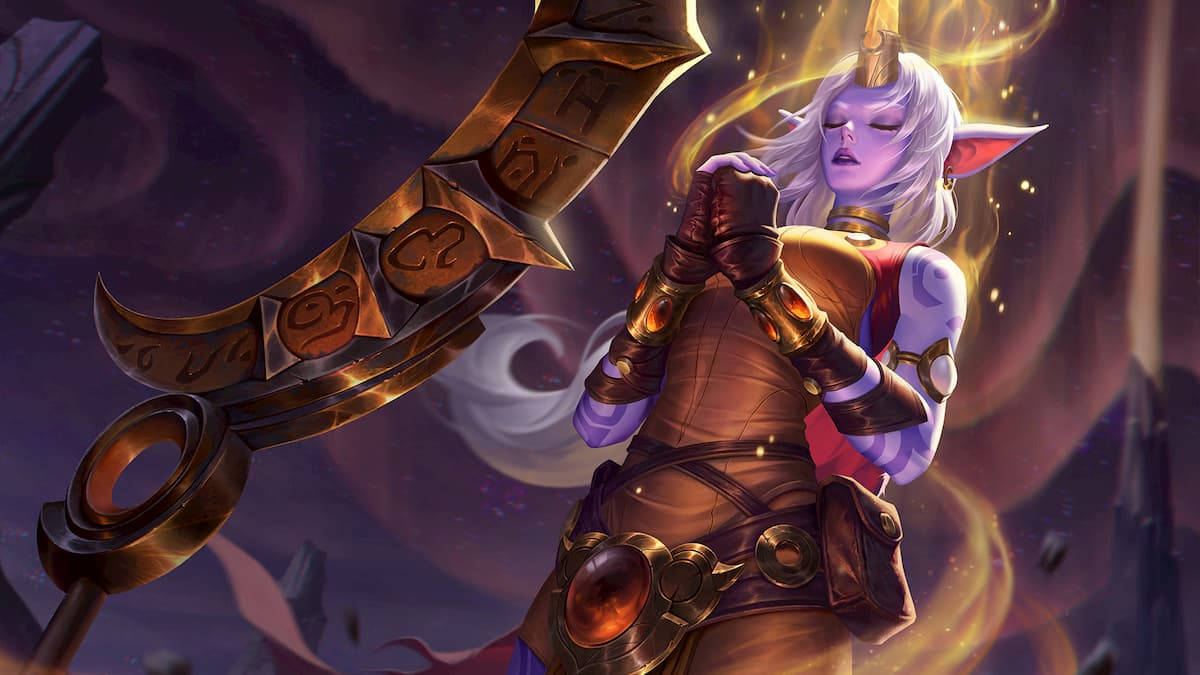 英雄聯盟 Wild Rift 索拉卡 壁紙 — 一位白髮金角的奇幻精靈戰士，在旋轉的宇宙背景下揮舞著一把巨大的華麗鐮刀。