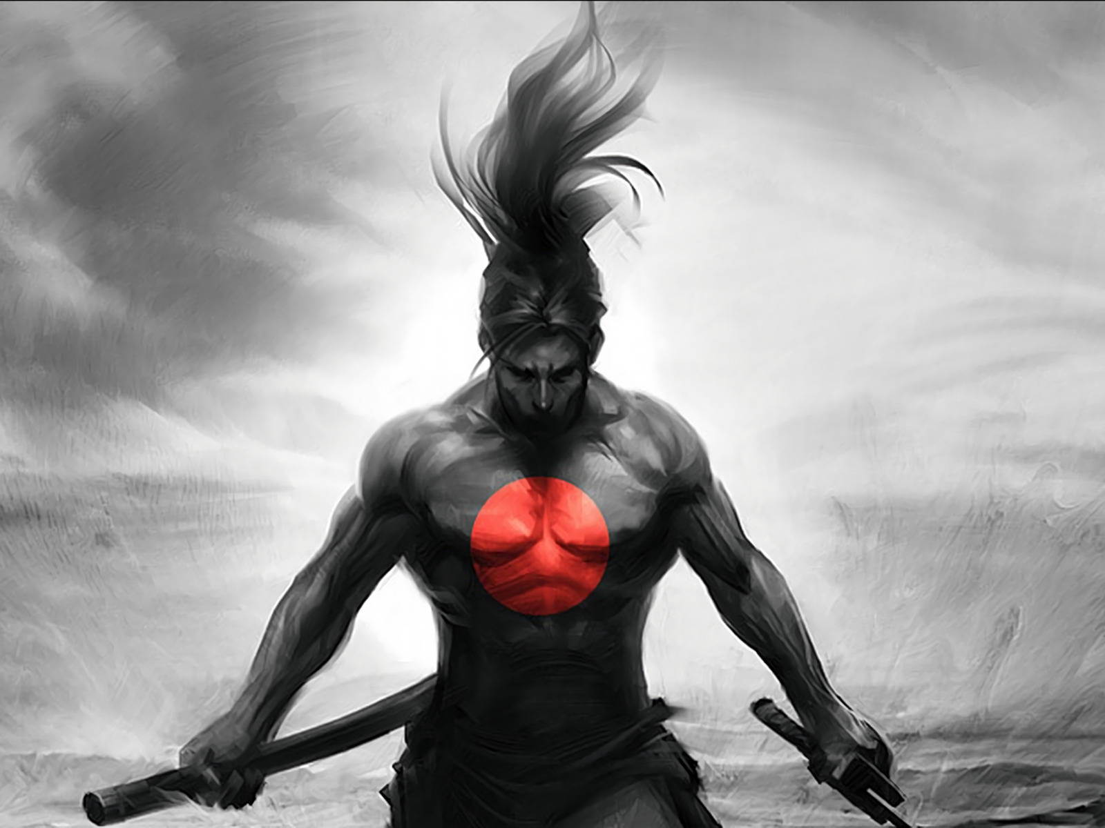 《英雄聯盟》——以3D體驗經典遊戲 壁紙 — 一位肌肉發達的武士戰士，胸前有一個紅色圓形標記，在暴風雨的灰色天空下挑釁地站著，手持兩把劍。