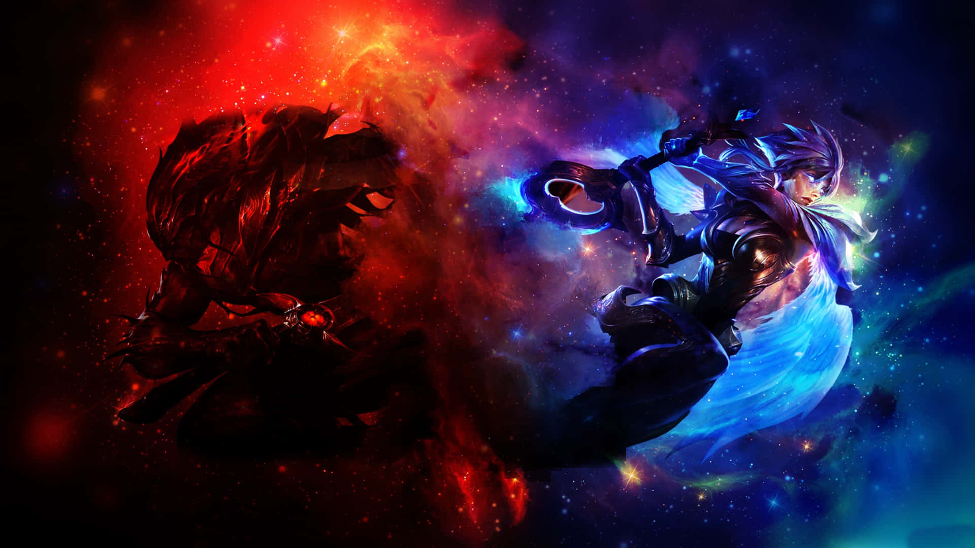 兩位動漫風格的戰士在色彩繽紛的宇宙星雲中以紅色和藍色能量戰鬥。
