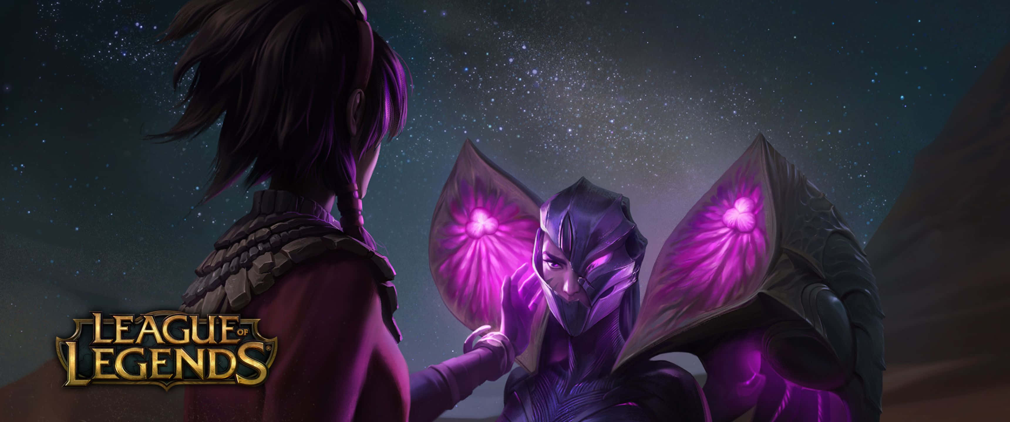 《英雄聯盟》凱薩與塔莉亞 3440x1440p 壁紙 — 兩個《英雄聯盟》角色在星空下對峙，其中一個發出紫色光芒，身穿翼狀盔甲。