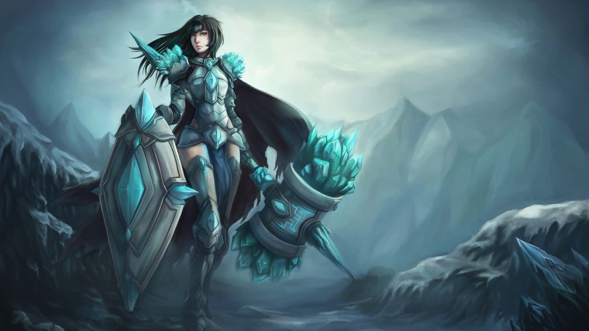 身穿冰鎧甲的女戰士在雪山中手持盾牌和水晶武器。